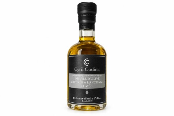 huile d'olive en 10cl, variété lucques maturée à l'ancienne puis fumée