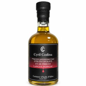 bouteille d'huile d'olive pimentée au piment langue d'oiseau de cyril codina