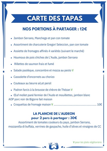 menu restaurant l'audeon lagrasse été 2